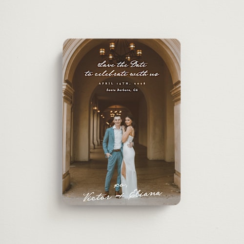 This is a ivory save the date magnets with standard by Alethea and Ruth called celebration xo printing on magnet paper in magnet