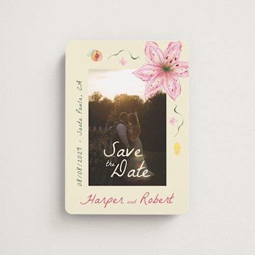 This is a blush save the date magnets with standard by Emily Miranda called romantic tropical wedding printing on magnet paper in magnet