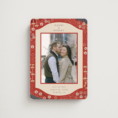 This is a rose save the date magnets with standard by Jennifer Holbrook called japanese textile printing on magnet paper in magnet