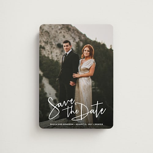 This is a cloud save the date magnets with standard by Hooray Creative called stylish script printing on magnet paper in magnet