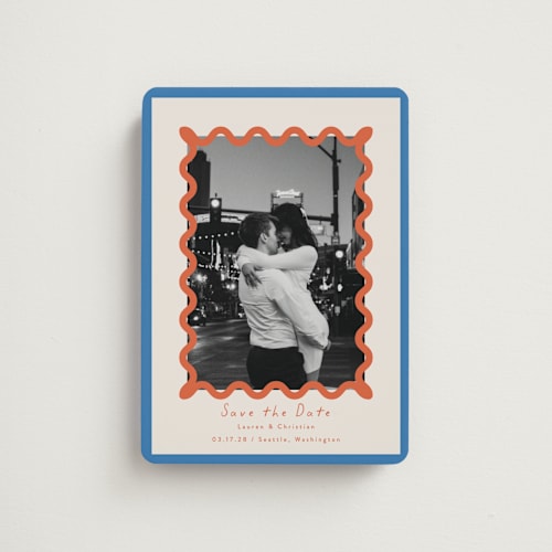 This is a papaya save the date magnets with standard by Blustery August called party squiggle printing on magnet paper in magnet