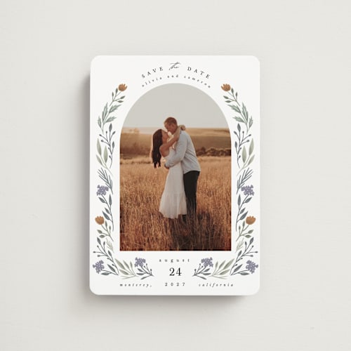 This is a rust save the date magnets with standard by Hannah Williams called floral arch printing on magnet paper in magnet