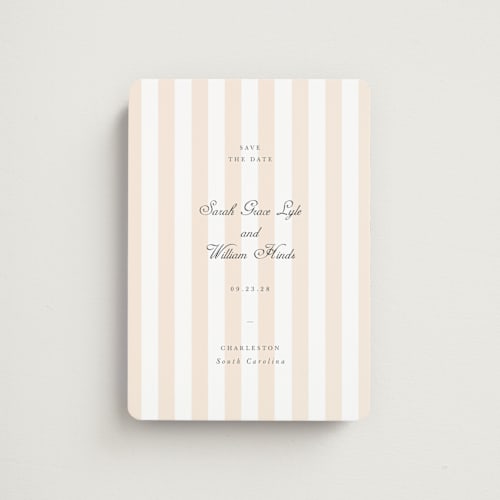 This is a peach save the date magnets with standard by Sara Hicks Malone called awning stripe printing on magnet paper in magnet