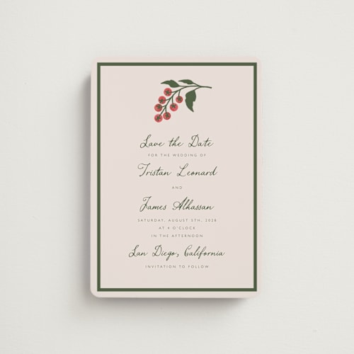 This is a sand save the date magnets with standard by Katharine Watson called tomato vine printing on magnet paper in magnet