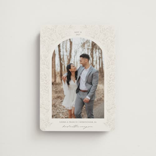 This is a sienna save the date magnets with standard by Jen Owens called botanical arch printing on magnet paper in magnet