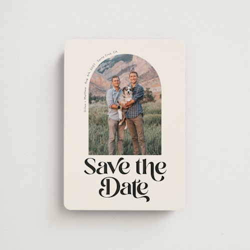 This is a desert save the date magnets with standard by Morgan Kendall called retro arch printing on magnet paper in magnet