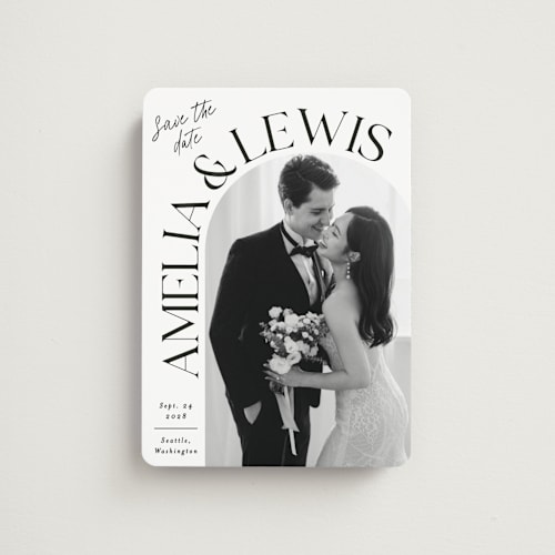 This is a ivory save the date magnets with standard by Alethea and Ruth called side curve printing on magnet paper in magnet