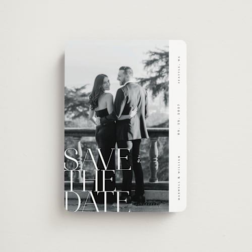 This is a pearl save the date magnets with standard by Ana de Sousa called editorial lettering printing on magnet paper in magnet