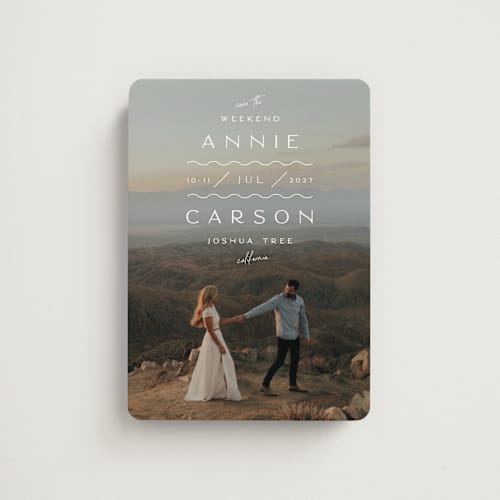 This is a bone save the date magnets with standard by Alaina Cherup called wiggly weekend printing on magnet paper in magnet
