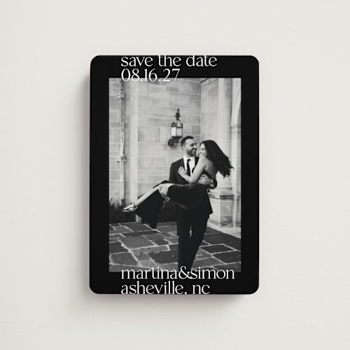 This is a onyx save the date magnets with standard by chocomocacino called baci di dama printing on magnet paper in magnet