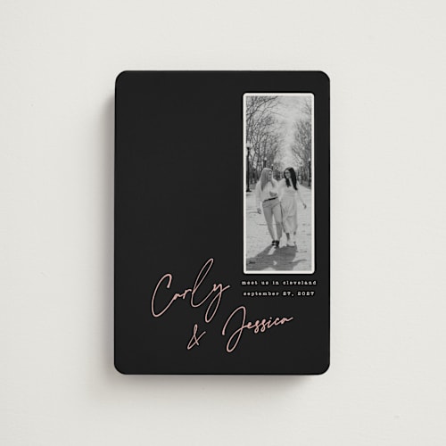 This is a noir save the date magnets with standard by Merian called album cover printing on magnet paper in magnet
