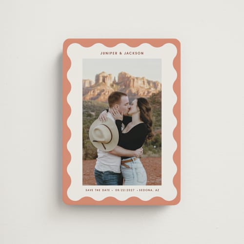 This is a apricot save the date magnets with standard by Kelly Watkins called wavy frame printing on magnet paper in magnet