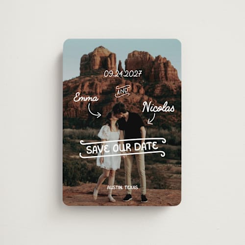 This is a morning save the date magnets with standard by Helena Vitto called love lettering printing on magnet paper in magnet