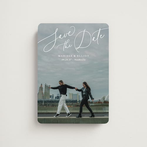 This is a pearl save the date magnets with standard by Kaydi Bishop called on the horizon printing on magnet paper in magnet