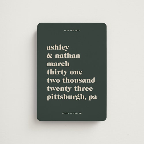 This is a spruce save the date magnets with standard by April Astudillo called modern type printing on magnet paper in magnet