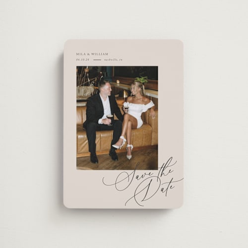 This is a ivory save the date magnets with standard by Melanie Kosuge called side swept printing on magnet paper in magnet