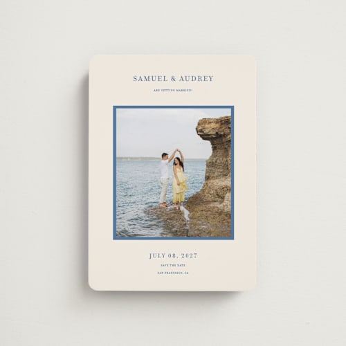 This is a beach blue save the date magnets with standard by Ani Somi called bermuda printing on magnet paper in magnet