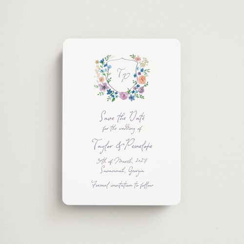 This is a lavender save the date magnets with standard by Cass Loh called wildflowers crest printing on magnet paper in magnet