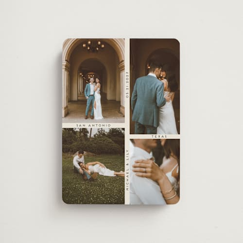 This is a ecru save the date magnets with standard by Morgan Kendall called grid printing on magnet paper in magnet