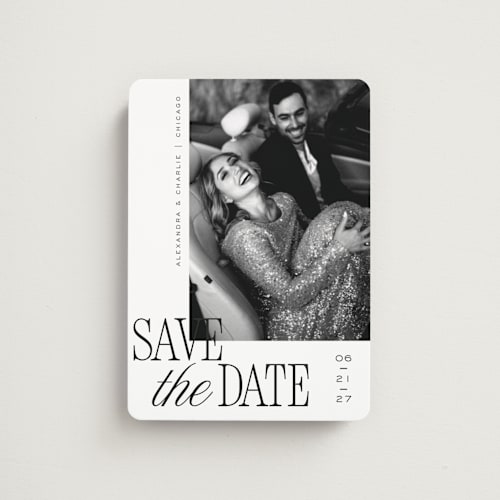This is a pearl save the date magnets with standard by Melanie Kosuge called right side printing on magnet paper in magnet