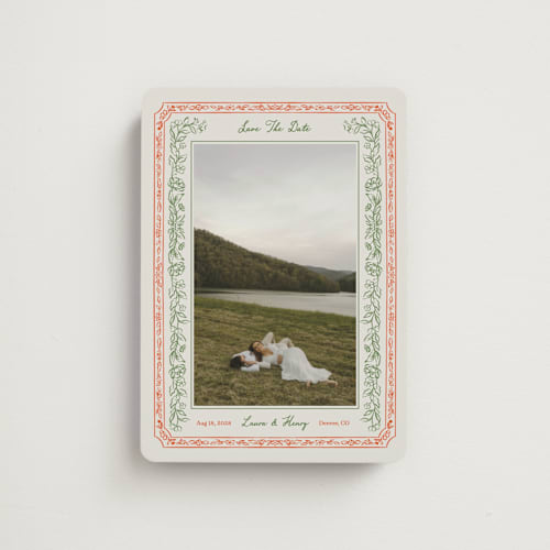 This is a vintage save the date magnets with standard by Elly called romantic floral printing on magnet paper in magnet