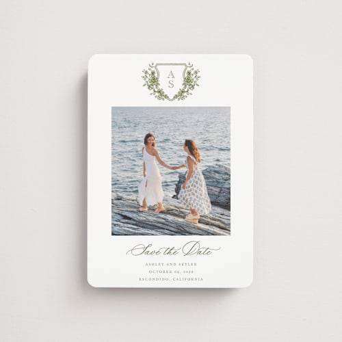 This is a moss save the date magnets with standard by Cass Loh called watercolor flowers crest printing on magnet paper in magnet