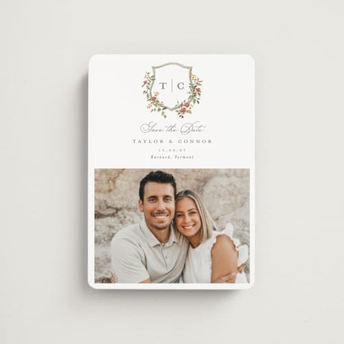 This is a mulberry save the date magnets with standard by Everett Paper Goods called foliage crest printing on magnet paper in magnet