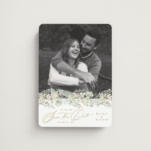 This is a greenery save the date magnets with standard by Phrosné Barwood called floral arch printing on magnet paper in magnet