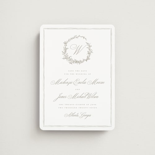 This is a chantilly save the date magnets with standard by Wildfield Paper Co called romantic wreath printing on magnet paper in magnet