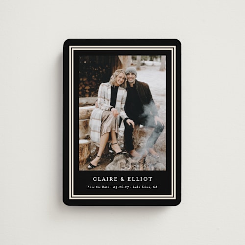 This is a tuxedo save the date magnets with standard by Carolyn MacLaren called preppy frame printing on magnet paper in magnet