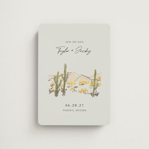 This is a olive save the date magnets with standard by Cass Loh called desert crayon drawing printing on magnet paper in magnet