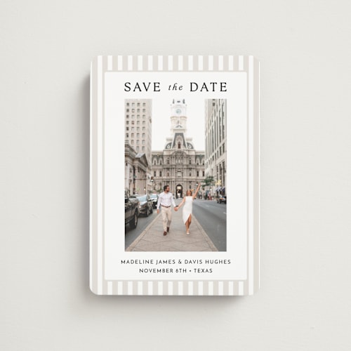 This is a latte save the date magnets with standard by First Rodeo Design called classic stripe printing on magnet paper in magnet