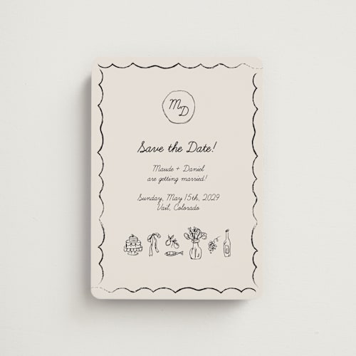 This is a ivory save the date magnets with standard by Aviva Atri called sketchbook love printing on magnet paper in magnet