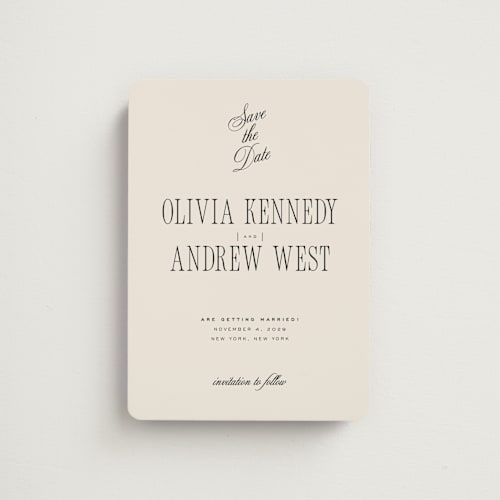 This is a almond save the date magnets with standard by Eric Clegg called modern romance printing on magnet paper in magnet