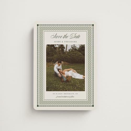 This is a moss save the date magnets with standard by Kelly Watkins called literary printing on magnet paper in magnet