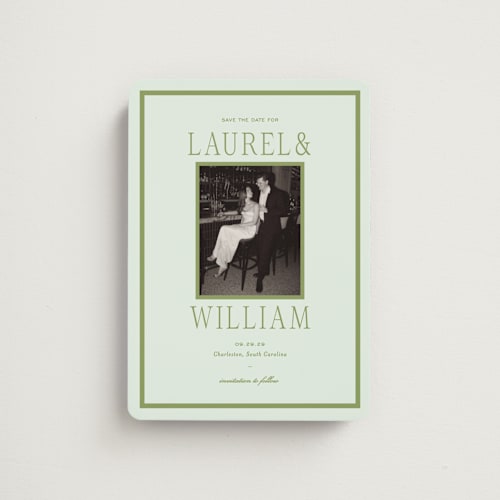 This is a forest save the date magnets with standard by Sara Hicks Malone called dewberry printing on magnet paper in magnet