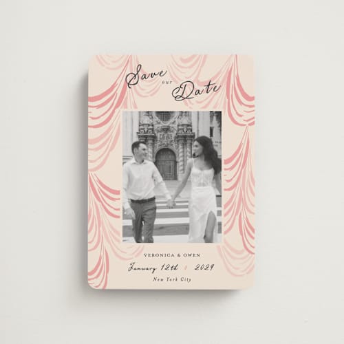 This is a blush save the date magnets with standard by Sarah Rosenthal called velvet cherry printing on magnet paper in magnet