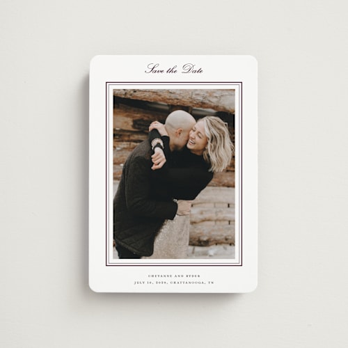 This is a burgundy save the date magnets with standard by Stacey Meacham called engraved names printing on magnet paper in magnet