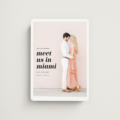 This is a blush save the date magnets with standard by Laura Hamm called meet us in miami printing on magnet paper in magnet