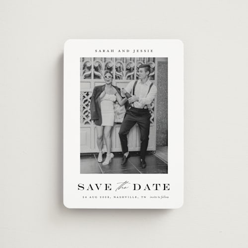 This is a midnight save the date magnets with standard by Stacey Meacham called classic charm printing on magnet paper in magnet