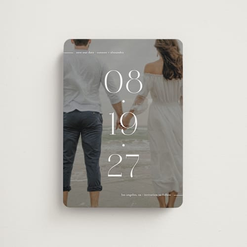 This is a pearl save the date magnets with standard by Olivia Goree called horizon line printing on magnet paper in magnet