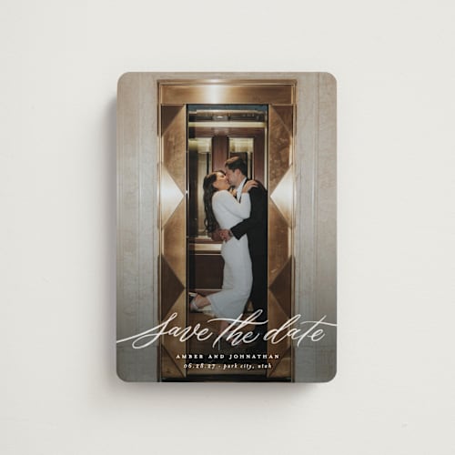 This is a chamomile save the date magnets with standard by Wildfield Paper Co called daisy printing on magnet paper in magnet