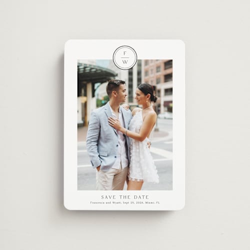 This is a cotton save the date magnets with standard by Stacey Meacham called circle monogram printing on magnet paper in magnet