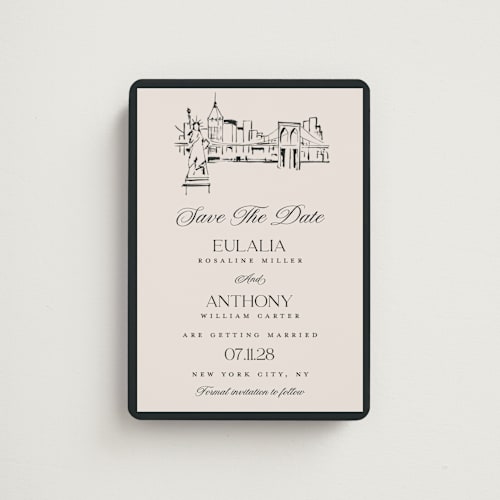 This is a halo save the date magnets with standard by Teju Reval called nyc skyline printing on magnet paper in magnet