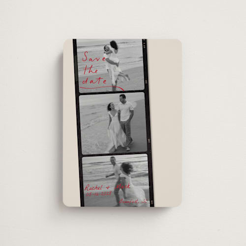 This is a cream save the date magnets with standard by Sarah Mraz called filmstrip printing on magnet paper in magnet