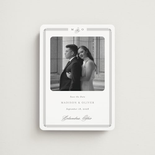 This is a cobblestone save the date magnets with standard by Emily Betts called lines printing on magnet paper in magnet