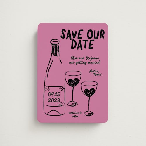 This is a pretty in pink save the date magnets with standard by Helena Vitto called heart of glass printing on magnet paper in magnet