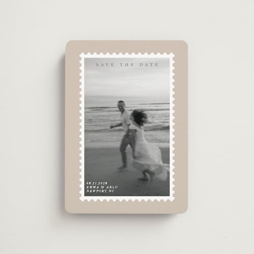 This is a taupe save the date magnets with standard by Studio Suku called stamp printing on magnet paper in magnet