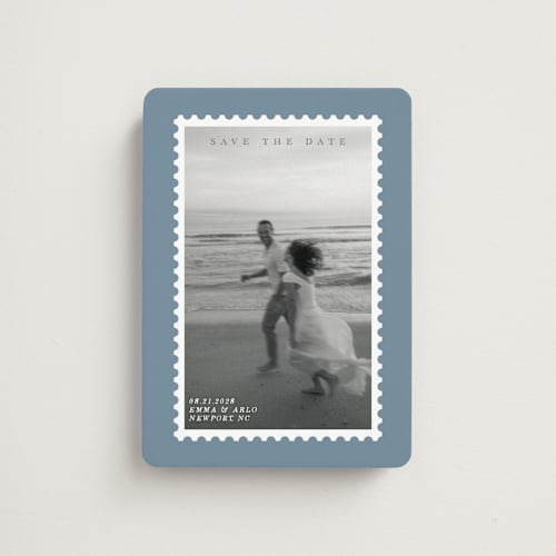 This is a denim save the date magnets with standard by Studio Suku called stamp printing on magnet paper in magnet