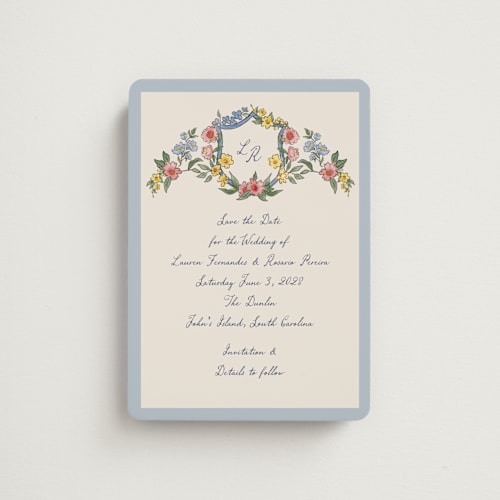 This is a cornflower save the date magnets with standard by Chris Griffith called a wedding in low country printing on magnet paper in magnet